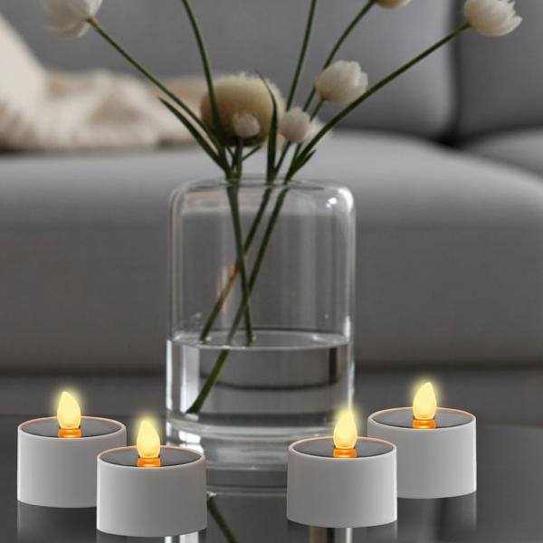 4er-Set Solar-LED-Teelichter – wetterfest (IP44), mit Dämmerungssensor & warmweissen Licht – kabellos, energiesparend & ideal für Garten, Balkon & Deko