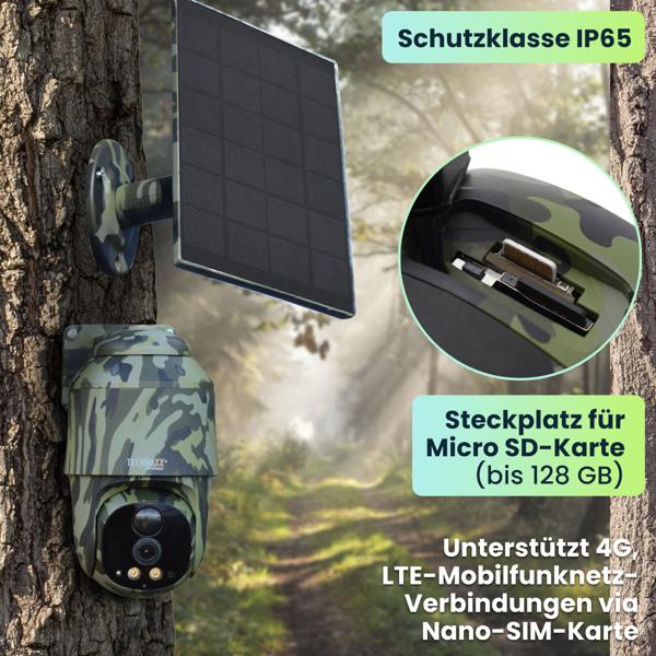 4G PanTilt Dome Überwachungskamera mit Solarmodul, Alarm und Nachtsicht, Zwei-Wege-Kommunikation, PIR Bewegungssensor, IP 65, Tarnfarbe