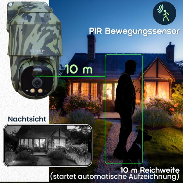 4G PanTilt Dome Überwachungskamera mit Solarmodul, Alarm und Nachtsicht, Zwei-Wege-Kommunikation, PIR Bewegungssensor, IP 65, Tarnfarbe