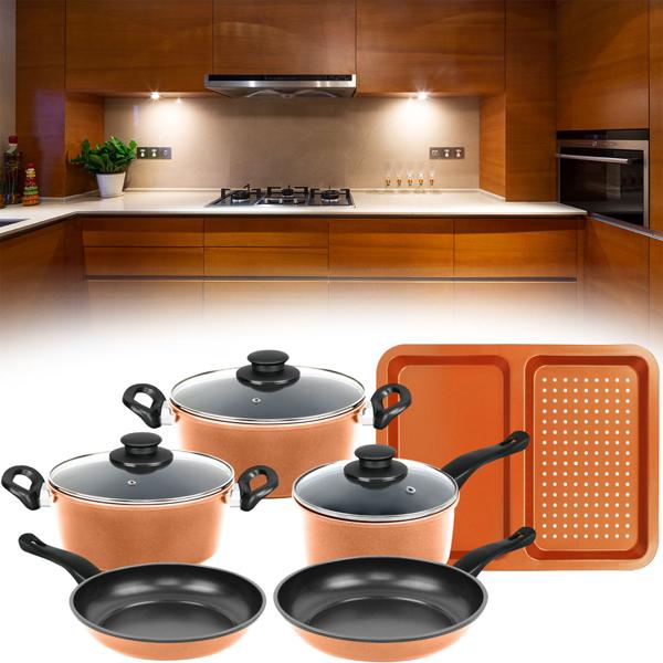 Set Casseroles Cuivre 9 Pièces avec Couvercles Verre - Plaque Cuisson Incluse Antiadhésif PFOA/Plomb/Cadmium - Tous Feux Induction Lave-Vaisselle
