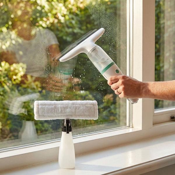 Aspirateur nettoyeur de vitres sans fil avec largeur de raclette 28 cm, blanc/vert, 12 W – incl. set spray 350 ml avec raclette microfibre pour un nettoyage des vitres sans traces