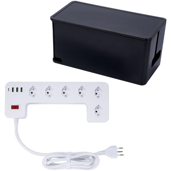 6-fach Steckdosenleiste mit genialer Kabelbox schwarz (CH) PLUS 3x USB-A, USB-C, 15W – Optimal für ordentliches Laden & sichere Stromversorgung