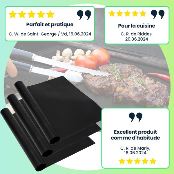 3 Tapis de Cuisson Antiadhésifs Réutilisables Fibre de Verre - BBQ Gaz Électrique Charbon, Four, Fumoir - Résiste 260°C - 40x33cm