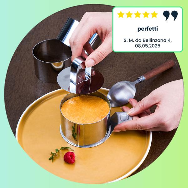 6 anelli professionali per dolci e alimenti, Ø 8 cm x altezza 5 cm, incl. sollevatore e pinza, idee artistiche di cucina e pasticceria e presentazioni creative di cibi