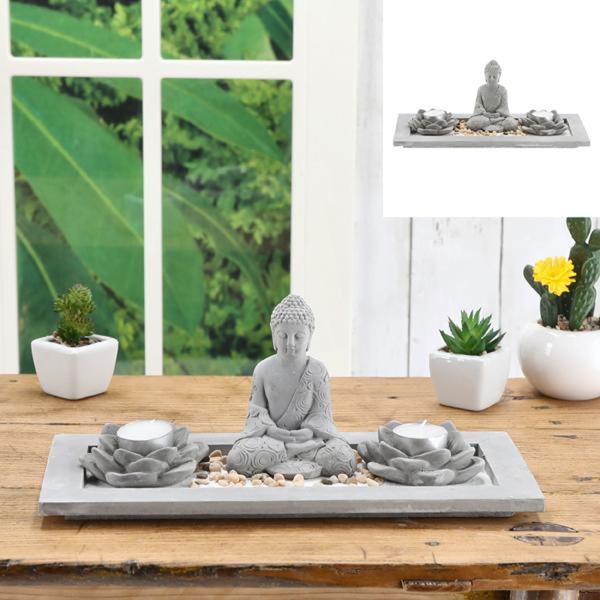 Zen-Garten-Set mit 2 Teelichthaltern und Buddha-Figur, rechteckig, 33 x 14 cm