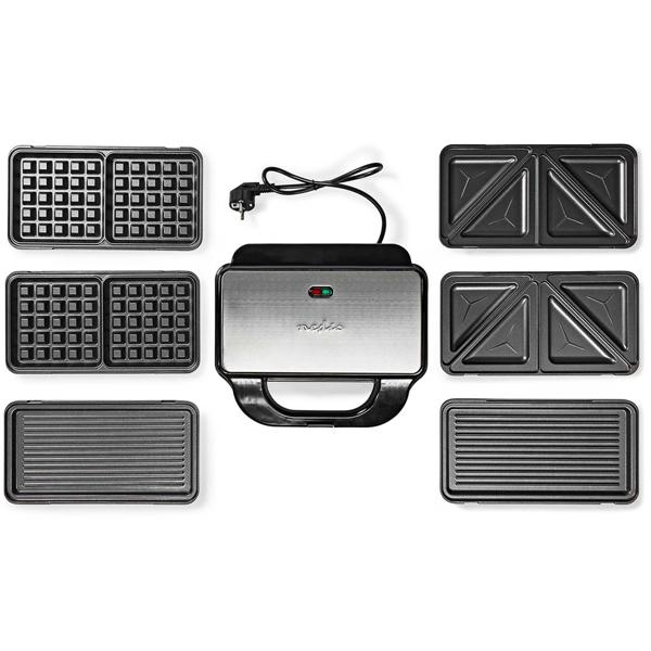 Hochwertiger 3in1 Multi-Grill aus Edelstahl, Sandwichmaker, Waffeleisen und Kontaktgrill, 900 W, Abnehmbare und spülmaschinenfeste Platten