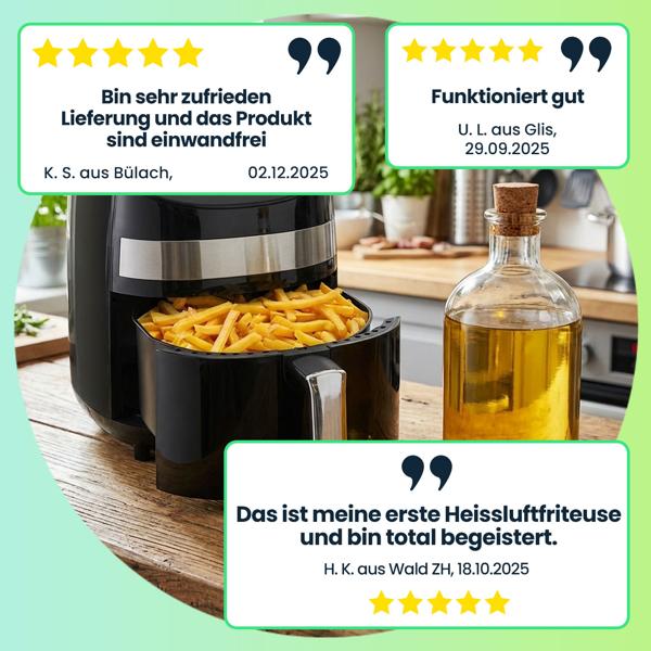 Multifunktions-Heissluftfritteuse, 3,25L, schwarz – Frittieren, Backen, Grillen & Braten, Antihaftbeschichtung, Timer, Cool Touch