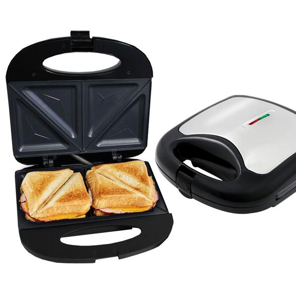 Macchina per panini resistente al calore per 2 panini alla griglia, 750 W, rivestimento antiaderente, nero/argento, antiscivolo, robusta