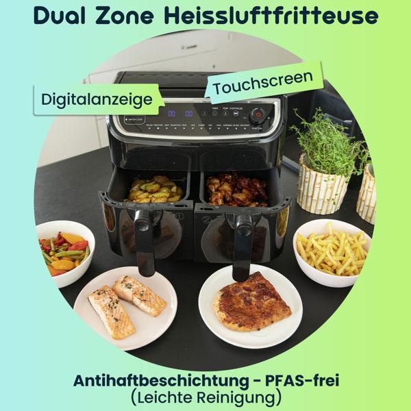 Dual Zone Doppelkorb Heissluft Fritteuse, Air Fryer mit 2 Körben, 9 Liter, 2400 Watt, 12 Programme, 2 Grill Roste, Display, Zeitschaltuhr, PFAS-frei