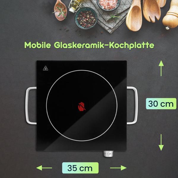 Mobile Glaskeramik-Kochplatte, Edelstahl Gehäuse u. Infrarot-Wärme, Ø 20cm, 2.000 Watt, stufenlose Temperaturregelung, tragbares Ceranfeld