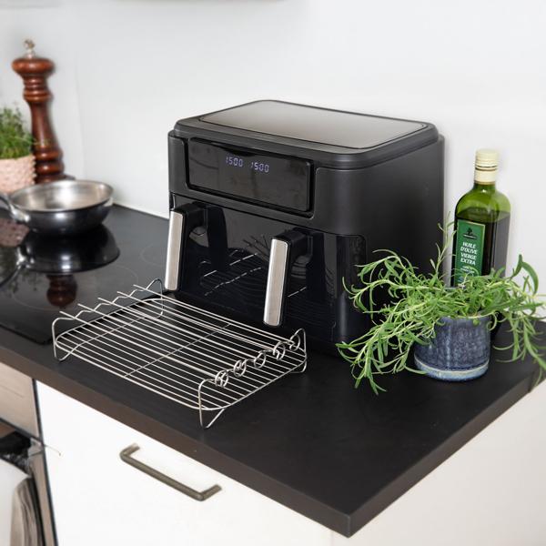 Friteuse à air chaud XXL premium: 10 litres, double zone, panier séparable, air fryer avec écran tactile, noir/argent, puissance élevée de 2400 W