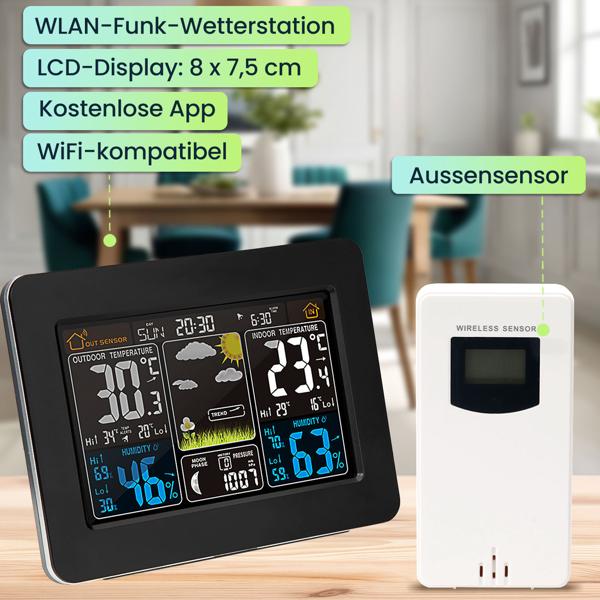 Funk-Wetterstation mit Farbdisplay, DCF-Uhr, Sensor, Thermometer, Barometer, Hygrometer, Mondphase. Präzise Wetterdaten & Wecker für Zuhause