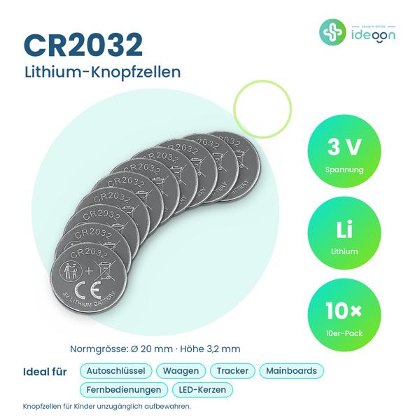 CR2032 Lithium-Knopfzellen (10er-Set), 3V – Powerpack für Autoschlüssel, Uhren & Smart Home Geräte – Langlebige Batterien