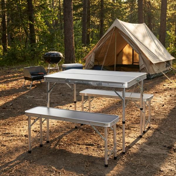 Table de camping stable avec 2 bancs - pour 4 personnes, en alu-MDF résistant aux intempéries, facilement pliable & transportable comme valise 