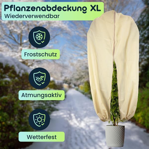 Pflanzenabdeckung XL, Winterschutz, 180 x 120 cm, Kübelpflanzen Schutzhauben als Frostschutz mit Zugband und Reissverschluss, atmungsaktiv 