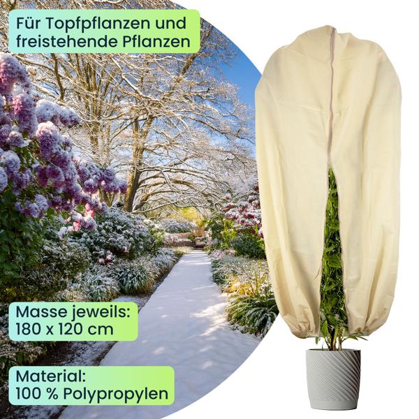 Pflanzenabdeckung XL, Winterschutz, 180 x 120 cm, Kübelpflanzen Schutzhauben als Frostschutz mit Zugband und Reissverschluss, atmungsaktiv 