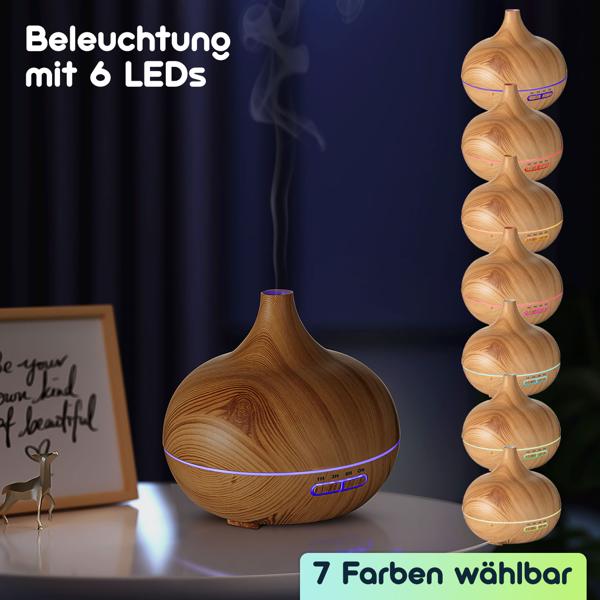 Aroma-Diffuser in eleganter Holzoptik für ätherische Öle, LED-Beleuchtung in 7 Farben & Timer, 300 ml, formschöne Raumbefeuchtung für Ihr Zuhause