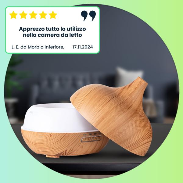 Diffusore di aromi in look legno per oli essenziali, illuminazione a LED in 7 colori e timer, 300 ml, umidificatore per ambienti dal design accattivante per la vostra casa