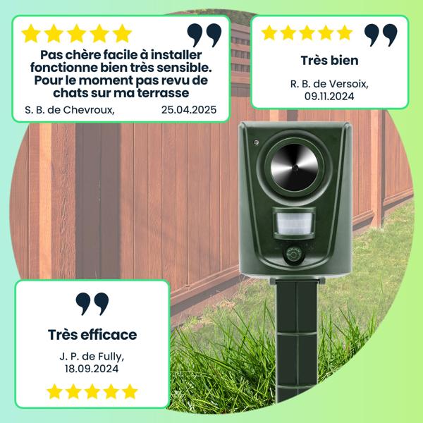 Répulsif Ultrasons Universel Animaux - Détecteur Mouvement PIR 110° & 8m - Couverture 60m², Sans Produits Chimiques