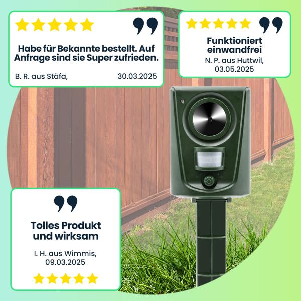 Effektiver Ultraschall Tiervertreiber, Tierabwehr m. PIR-Bewegungsmelder, bis 60 m², vertreibt Hunde, Katzen, Kleintiere, Vögel, Marder