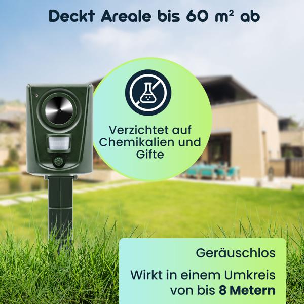 Effektiver Ultraschall Tiervertreiber, Tierabwehr m. PIR-Bewegungsmelder, bis 60 m², vertreibt Hunde, Katzen, Kleintiere, Vögel, Marder