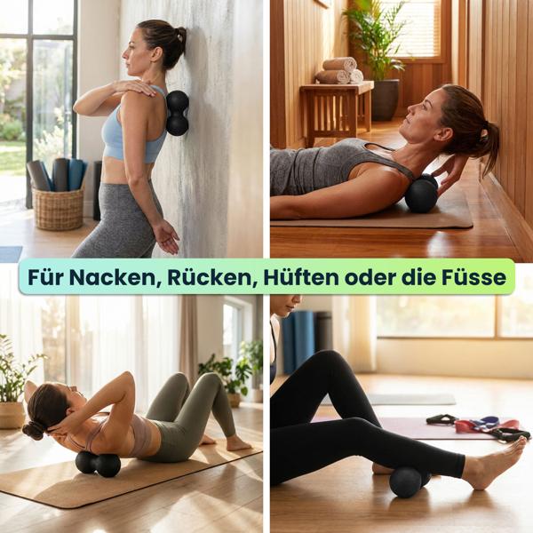 Doppel-Faszienmassageball (8 cm, schwarz): Punktuelle Massage für Nacken, Rücken & mehr. Einfache Anwendung für effektive Entspannung