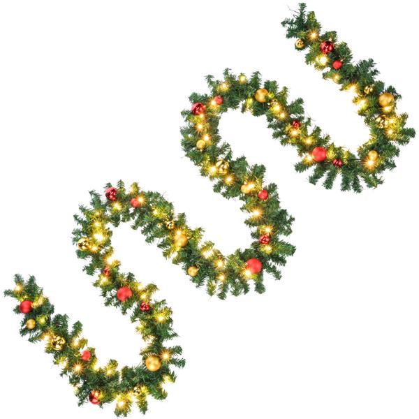Künstliche Tannengirlande LED Lichterkette - 500 cm, 80 warmweisse LEDs, 36 Christbaumkugeln Rot/Gold - IP44 Innen- & Aussenbereiche
