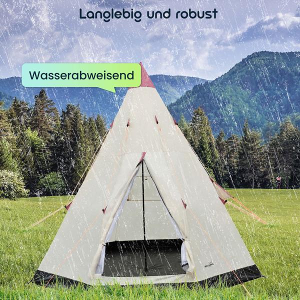 3-Personen Tipi-Zelt Ø 2,5m - Wasserabweisend, integrierte Bodenplane - Insektennetz 170x220cm - Schutz vor Mücken - Polyester - Creme