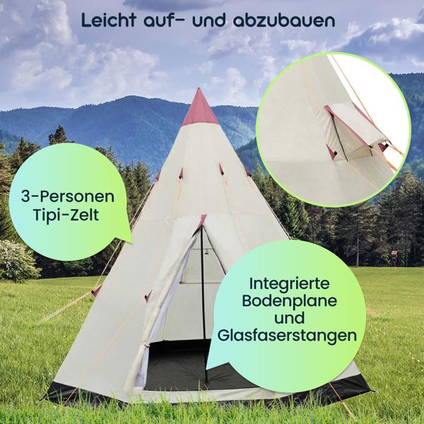 3-Personen Tipi-Zelt Ø 2,5m - Wasserabweisend, integrierte Bodenplane - Insektennetz 170x220cm - Schutz vor Mücken - Polyester - Creme