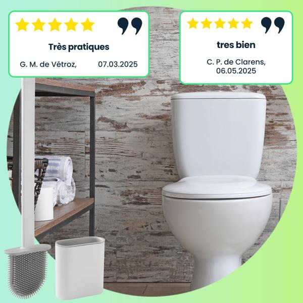 2 Brosses WC Silicone Hygiéniques - Nettoyage Doux & Efficace avec Supports Mural/Posable - Séchage Rapide - Blanc/Gris - Longévité Accrue