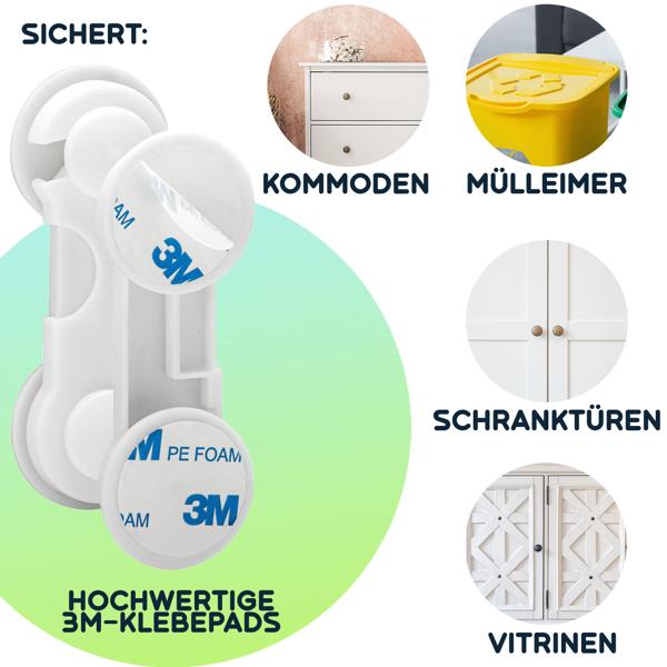 Baby-Sicherungen klebend (10er-Set) – Kindersicherung für Schubladen, Schranktüren & Vitrinen – Mit 3M-Klebepads, weiss