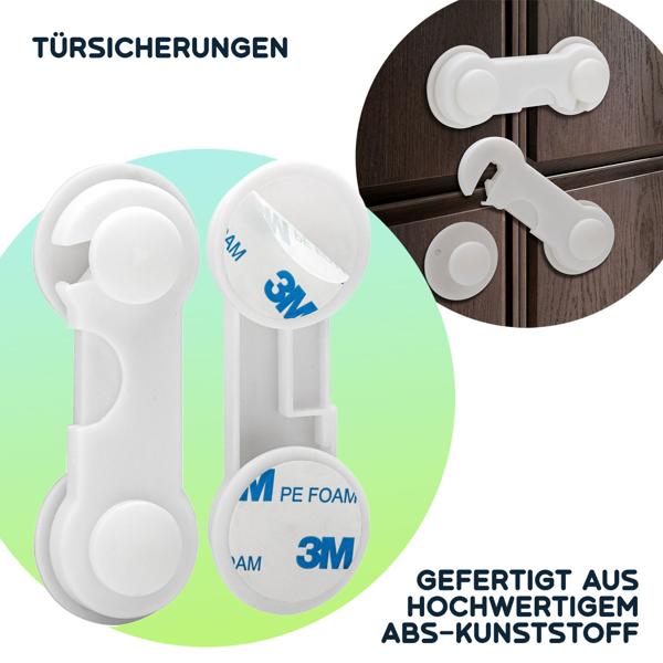 Baby-Sicherungen klebend (10er-Set) – Kindersicherung für Schubladen, Schranktüren & Vitrinen – Mit 3M-Klebepads, weiss