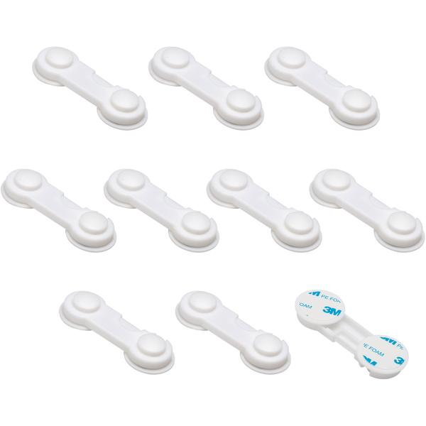 Bloque-portes adhésifs bébés (lot de 10) - Sécurité enfant tiroirs, placards, vitrines - Pastilles 3M blanches - Installation facile sans perçage