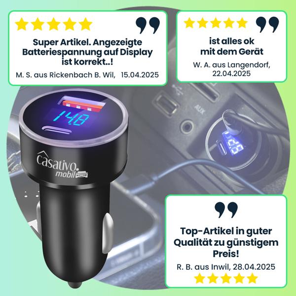 Dual Kfz-USB-Ladegerät 38W (USB-C PD & USB-A QC) – Schnellladestecker für Zigarettenanzünder mit digitaler Spannungsanzeige