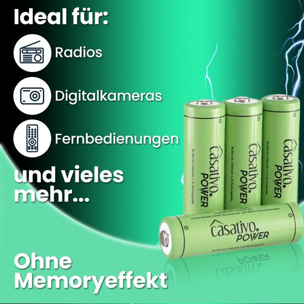 4er NiMH AA Akkus 2700 mAh mit Case - Premium Leistung für alle Geräte - bis zu 1000-mal wiederaufladbar - 1.2V Mignon Akkus ohne Memory-Effekt