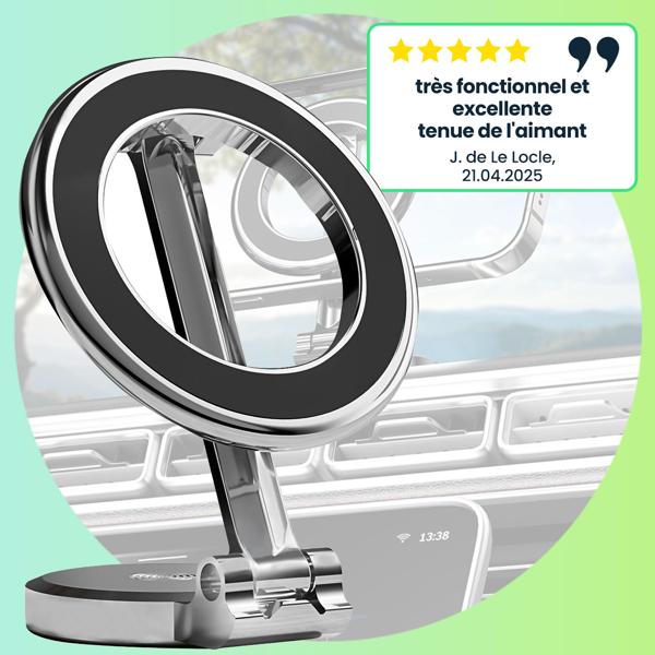 Support de smartphone robuste pour voiture – compatible MagSafe, chromé-noir brillant, pivotant à 360°, montage facile – support magnétique pour iPhone 16, 15, 14, 13, 12