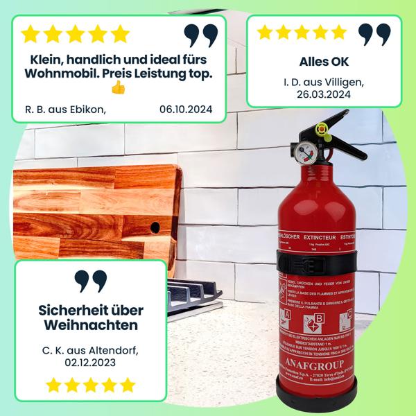 Effektiver kompakter ABC Pulver Feuerlöscher, 1 kg, Brandklassen 5A 34B C, ideal für Küche, Haushalt, Auto, beim Grillen und Camping