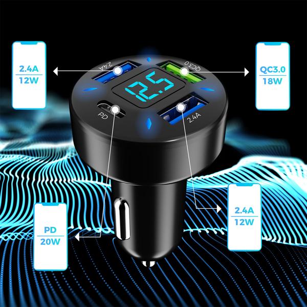 caricatore USB per auto a 4 porte, indicatore di tensione, (50 watt), 1x USB-C PD e 3x USB-A QC, spina per caricatore rapido per accendisigari per auto