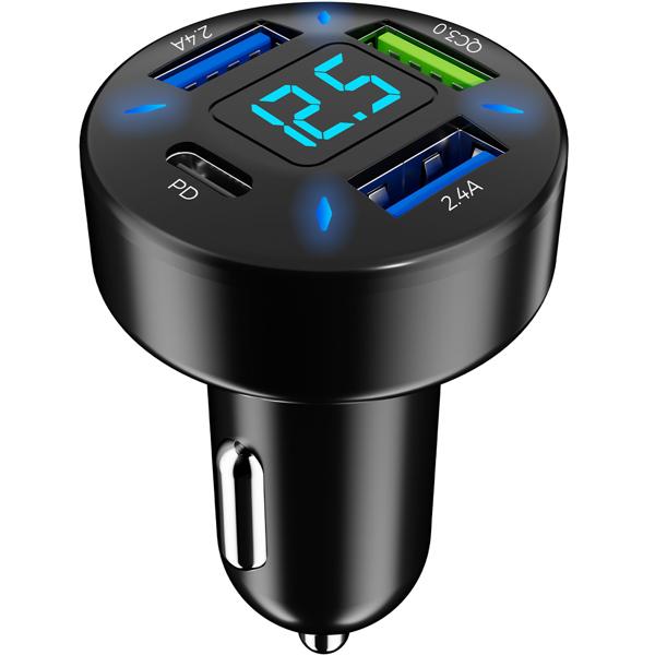 2er-Set Beleuchtetes 4 Port Auto USB-Ladegerät, (50 Watt), matt-schwarz, Spannungsanzeige, USB-C & -A , Kfz Zigarettenanzünder Schnellladestecker