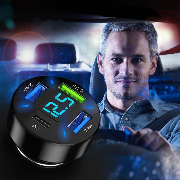 2er-Set Beleuchtetes 4 Port Auto USB-Ladegerät, (50 Watt), matt-schwarz, Spannungsanzeige, USB-C & -A , Kfz Zigarettenanzünder Schnellladestecker