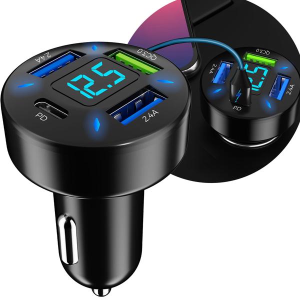 2er-Set Beleuchtetes 4 Port Auto USB-Ladegerät, (50 Watt), matt-schwarz, Spannungsanzeige, USB-C & -A , Kfz Zigarettenanzünder Schnellladestecker