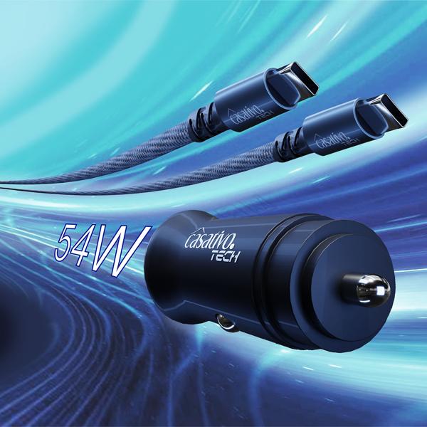 Leistungsstarkes Kfz-USB-Netzteil, (54 Watt) inkl. Ladekabel, USB-C PD & USB-A QC, Dual-Auto 12 V Schnellladestecker, schnelles Aufladen unterwegs