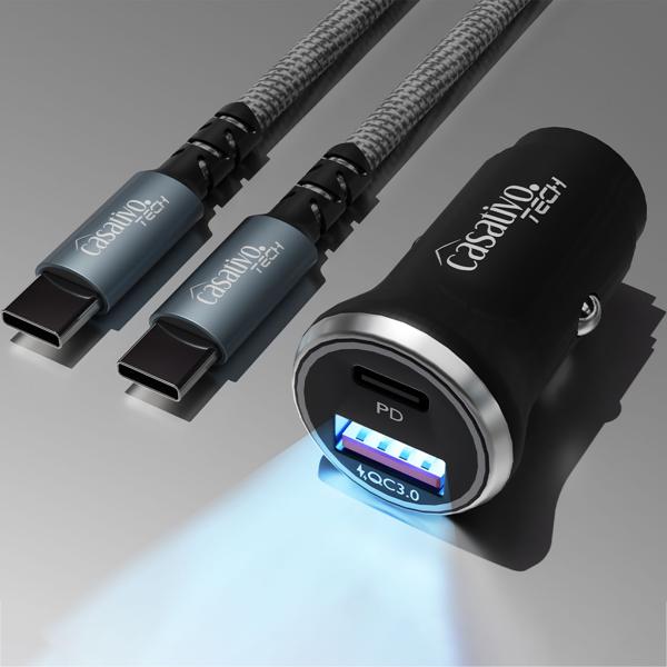 Leistungsstarkes Kfz-USB-Netzteil, (54 Watt) inkl. Ladekabel, USB-C PD & USB-A QC, Dual-Auto 12 V Schnellladestecker, schnelles Aufladen unterwegs