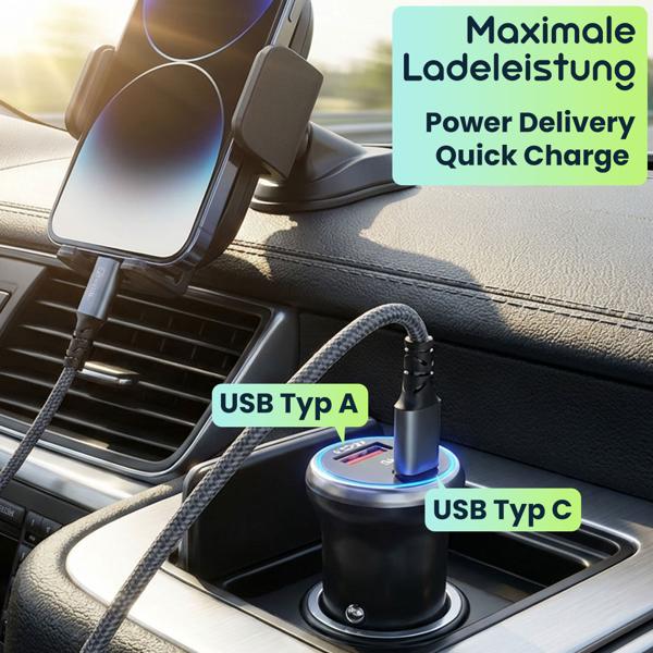 2er-Set Leistungsstarkes Kfz-USB-Netzteil, (54 Watt) inkl. Ladekabel, USB-C PD & USB-A QC, Dual-USB Schnellladestecker, schnelles Aufladen unterwegs