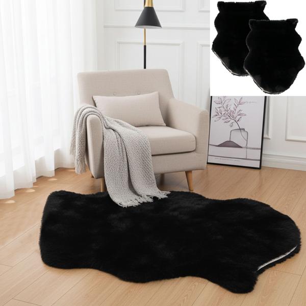 2er-Set Grosses Kuschelfell - Kunstfell & Wildlederimitat - Schwarz, 180x60 cm - Weich, flauschig, 800 g/m² Polyester - Teppich, Bettvorleger, Wanddekoration