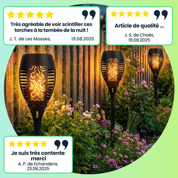 2 lampes de jardin solaires: torches LED avec effet flamme (78 cm): avec batterie, réalistes, résistantes aux intempéries – ambiance romantique dans le jardin et sur le balcon