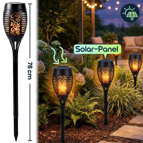 2er-Set LED-Solar-Gartenfackeln mit Flammen-Effekt (H 78cm): Akku, realistisch & wetterfest - Fur romantisches Ambiente im Garten & Balkon