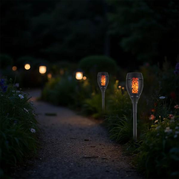 2er-Set LED-Solar-Gartenfackeln mit Flammen-Effekt (H 78cm): Akku, realistisch & wetterfest - Fur romantisches Ambiente im Garten & Balkon