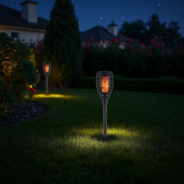 2er-Set LED-Solar-Gartenfackeln mit Flammen-Effekt (H 78cm): Akku, realistisch & wetterfest - Fur romantisches Ambiente im Garten & Balkon