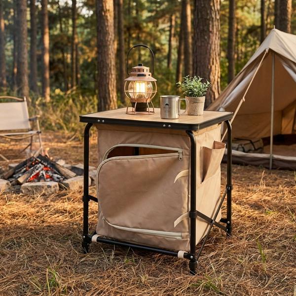 Armoire pliante de camping - Rangement optimisé pour vêtements et accessoires - Pliable, facile à monter - Beige-noir - Polyester/alu/MDF - 48x48x53.5 cm